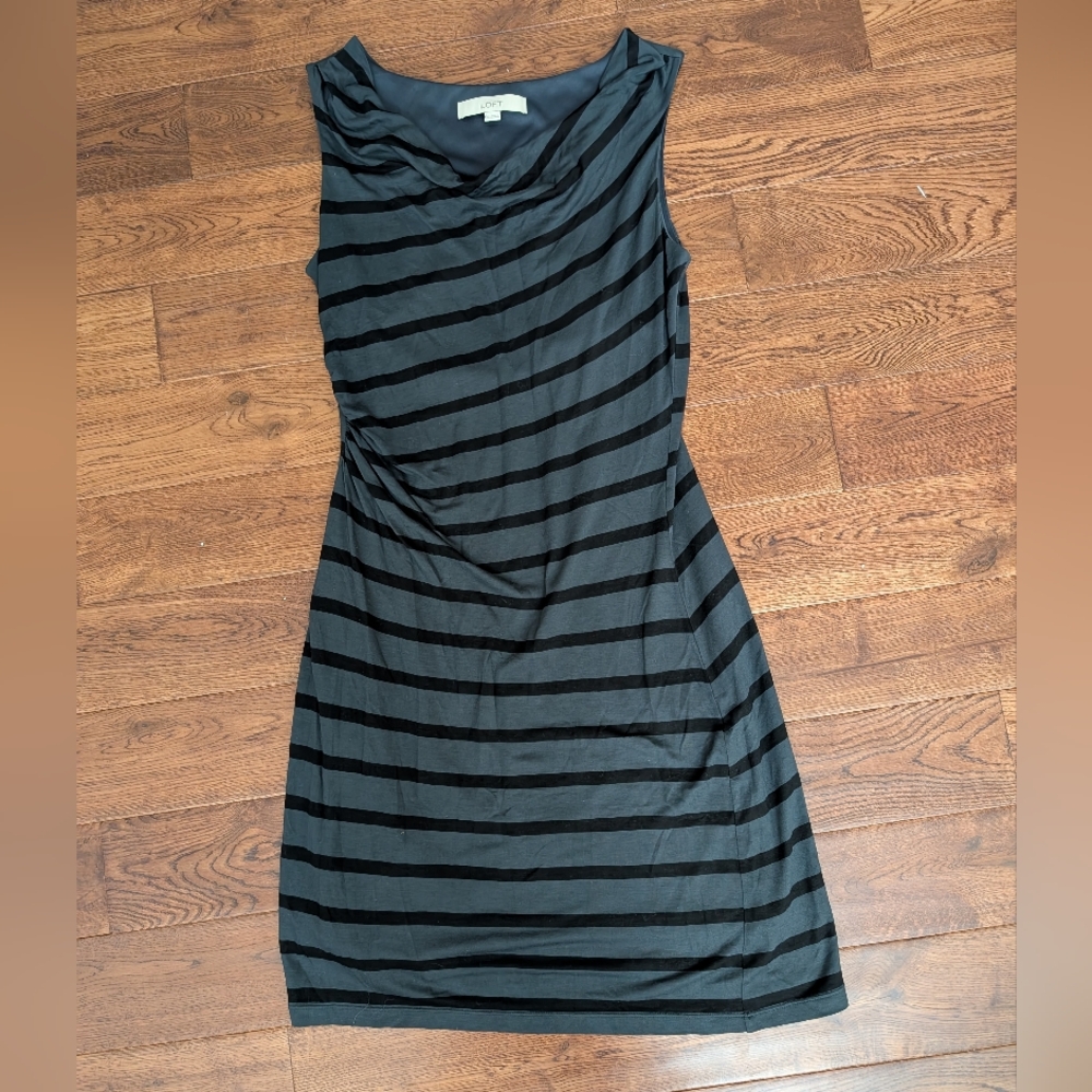 Ann Taylor Loft Striped Drape Neck Sleeveless Dress Sz XS Gray Black Ruched EUC